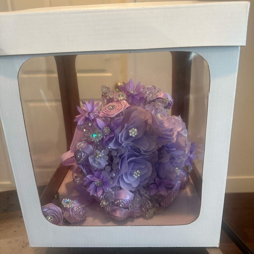 Lavender wedding bouquet with, Grooms boutonniere.